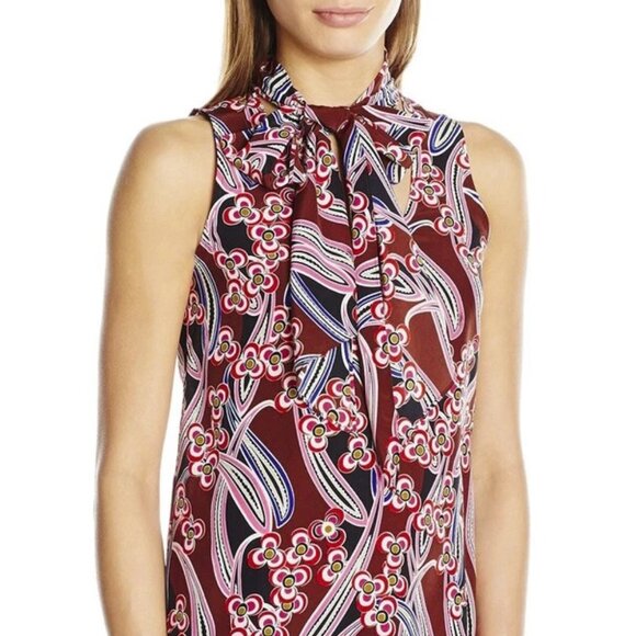 Trina Turk Paisley Floral Print Sassy Neck Tie 100% Silk Tank Top Blouse S - Picture 1 of 13